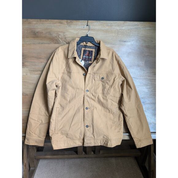 prAna Trembly Insulated Jacket Mens Large Tan Canvas Quilted Lined Button Front - Picture 1 of 4
